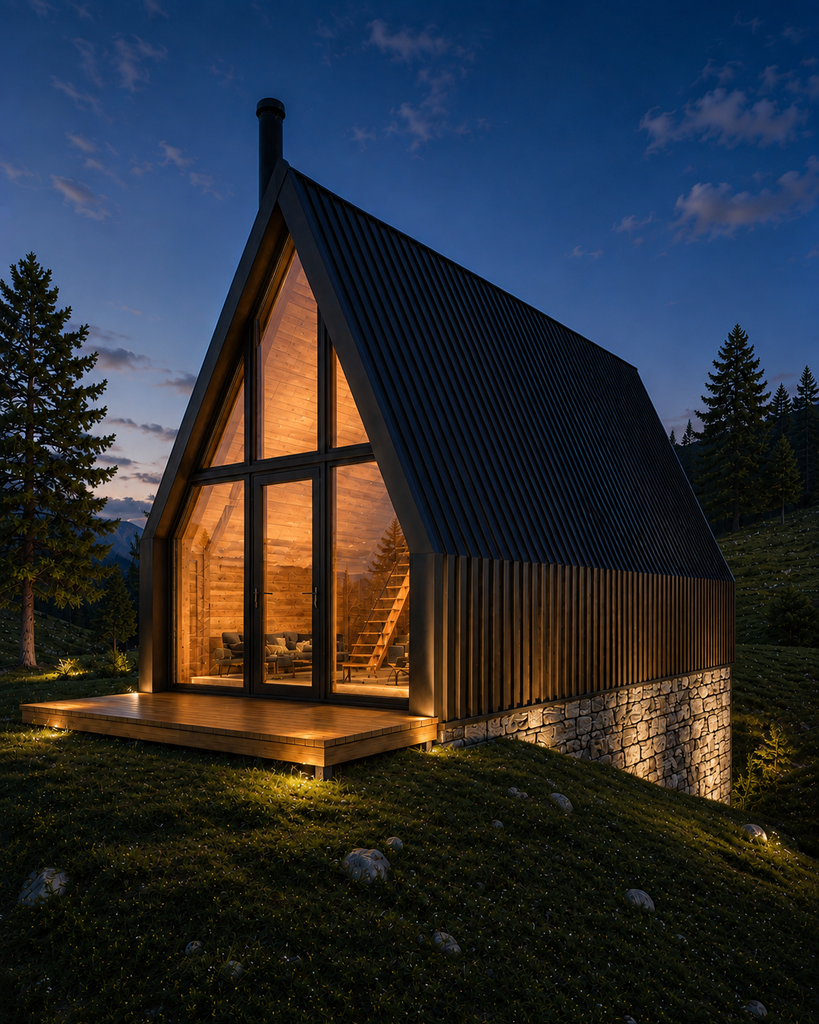 Večernji render A-frame vikend kuće Dobroselica Čajetina sa osvetljenjem